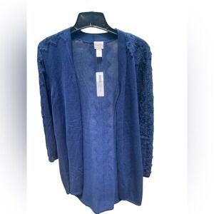 Chicos 3P Navy Blue Lace Trim Open Front Cardigan Sweater Petite